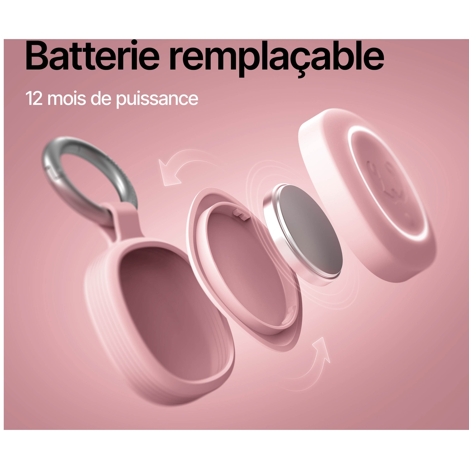 Un porte-clés rose avec anneau est démonté pour montrer une pile.