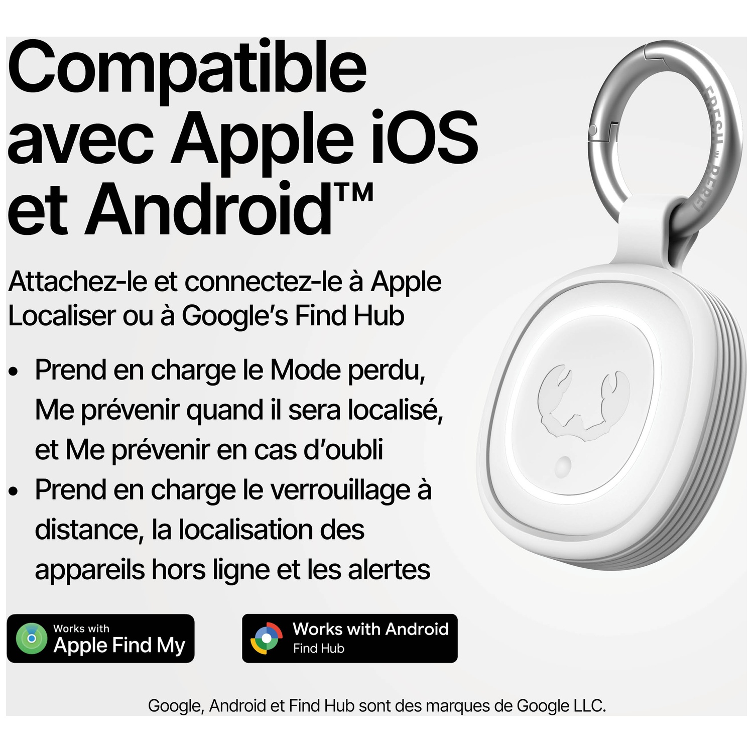 Un tracker blanc avec un anneau argenté, compatible Apple et Android.