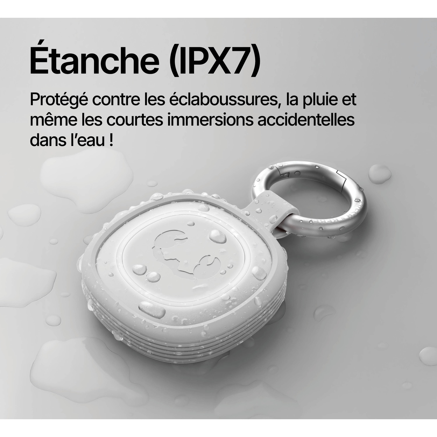 Un appareil blanc et étanche avec des gouttes d'eau et du texte français.