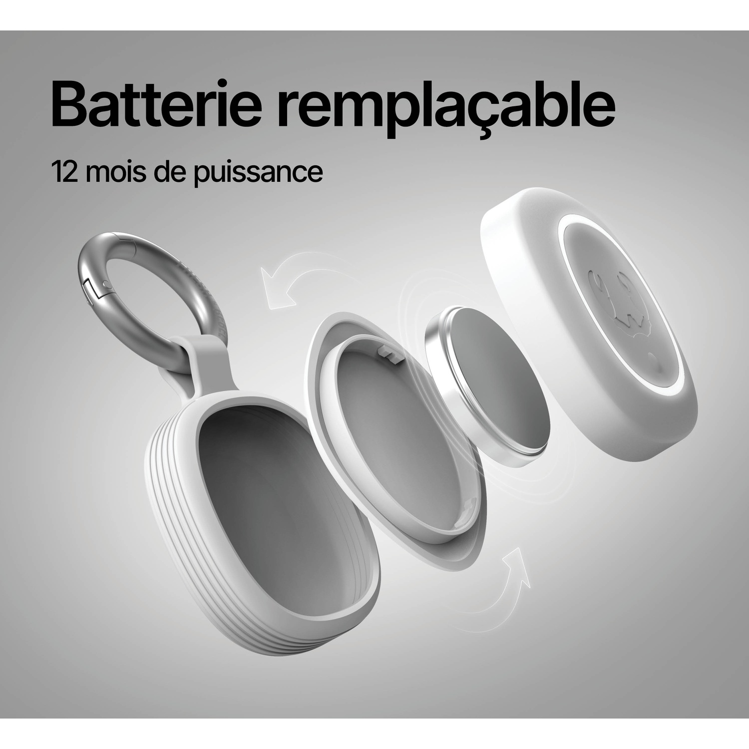 Vue éclatée d'un porte-clés blanc avec batterie remplaçable.