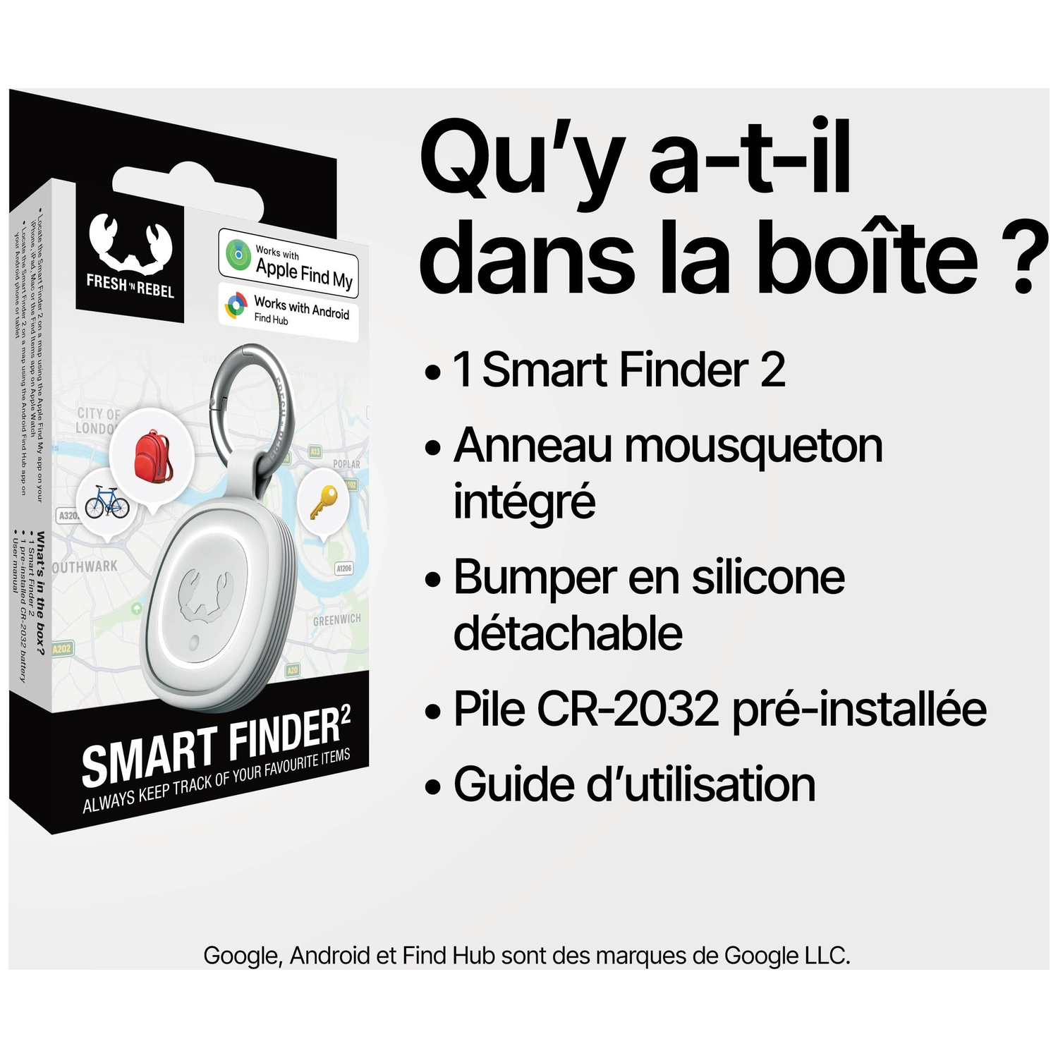 Contenu de la boîte : Smart Finder 2, mousqueton, bumper silicone, batterie, manuel.