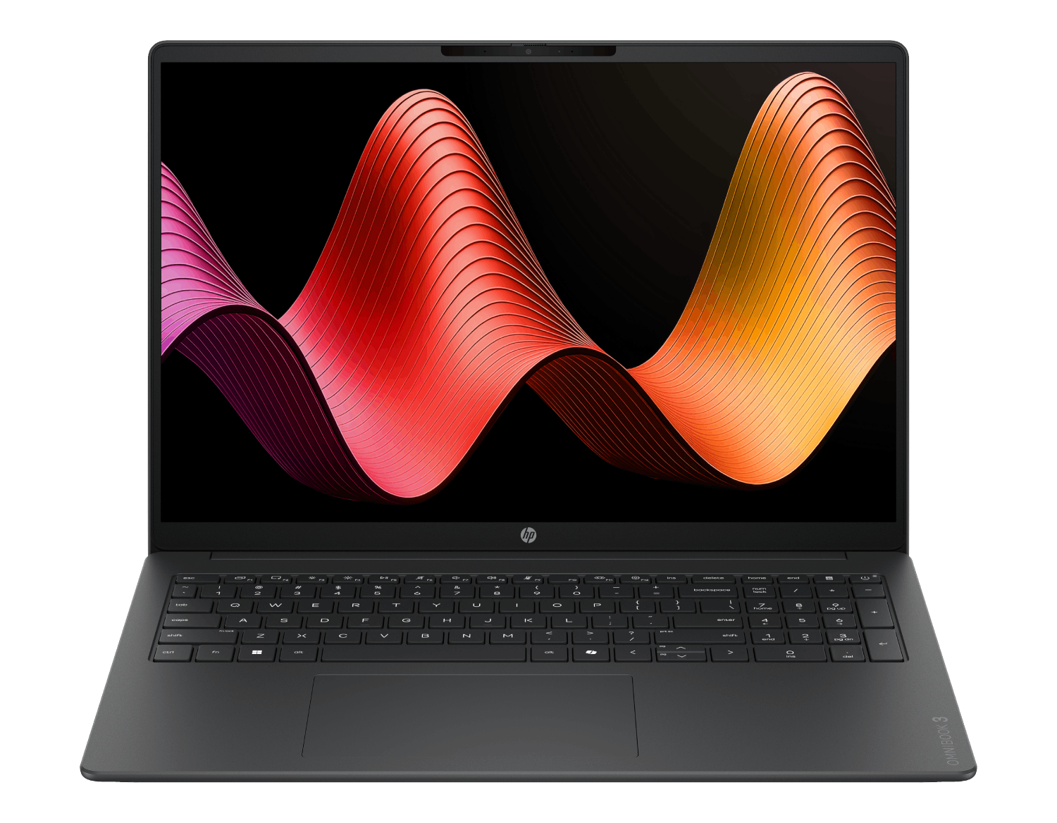 Un portátil HP oscuro con un fondo abstracto y ondulado de colores en la pantalla.