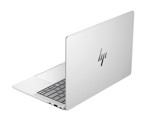 Un portátil HP plateado está abierto, mostrando el teclado y el panel táctil.