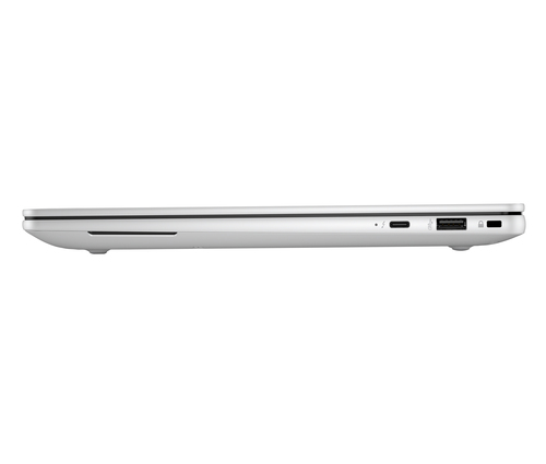 Vista lateral de un portátil plateado con puertos USB-C, USB-A y de alimentación.