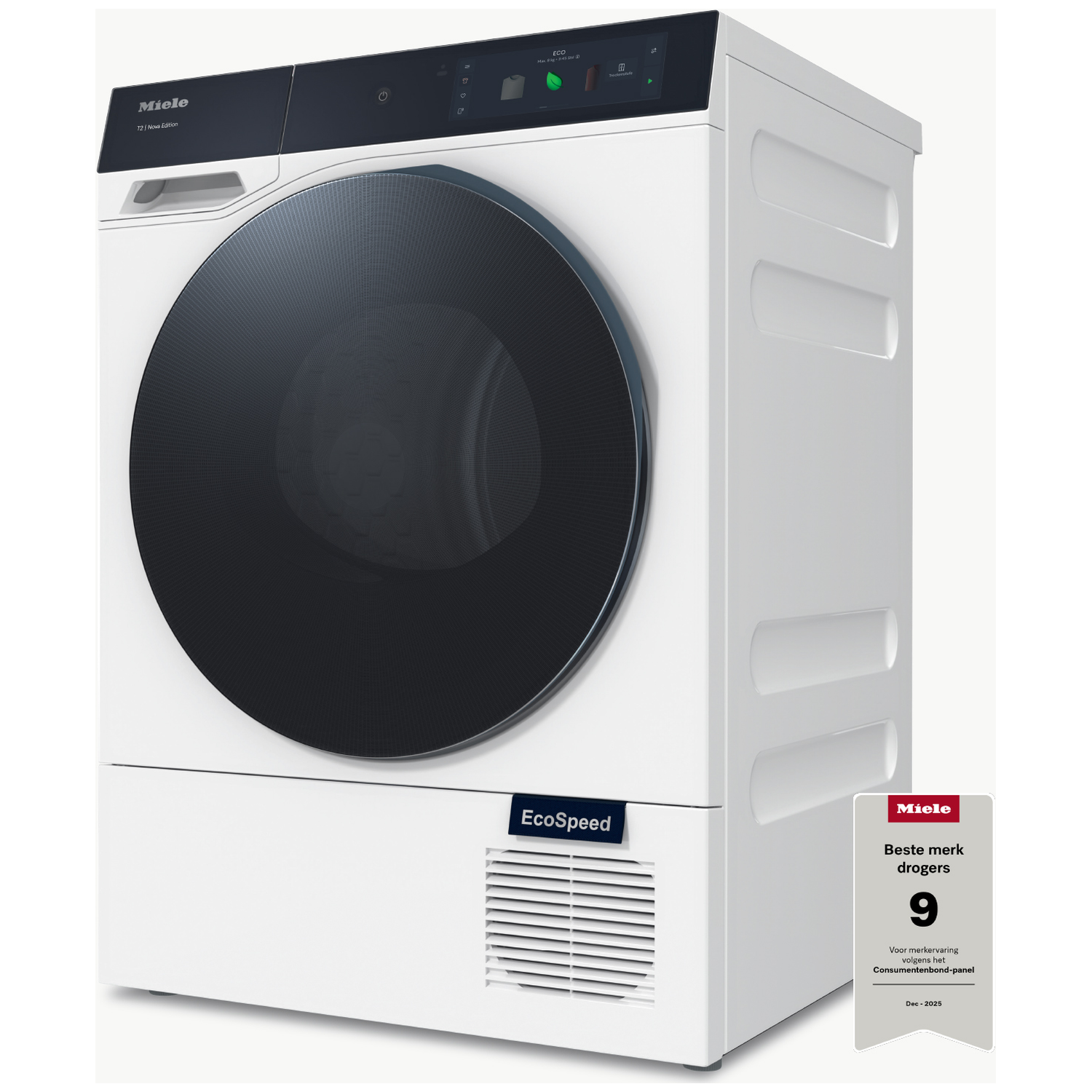 A white Miele clothes dryer with a black door and a digital display screen.
