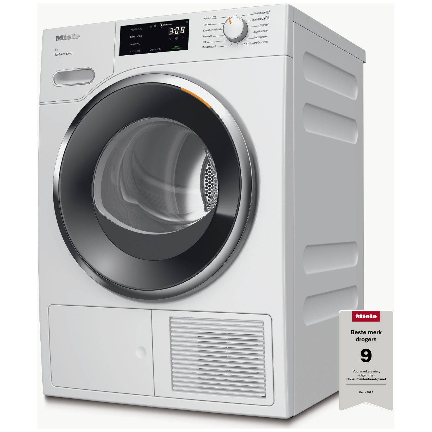 White Miele T1 tumble dryer with digital display and controls. Award badge on the right.
