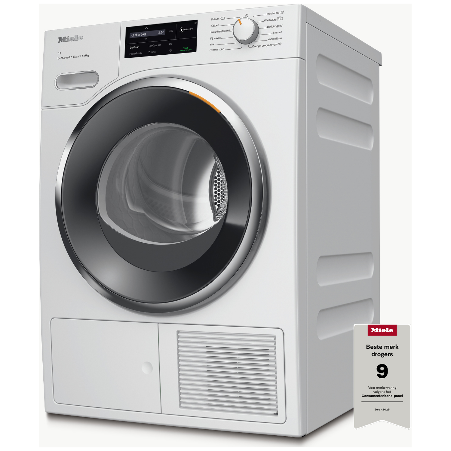 A white Miele washing dryer with a digital display and a round door handle.