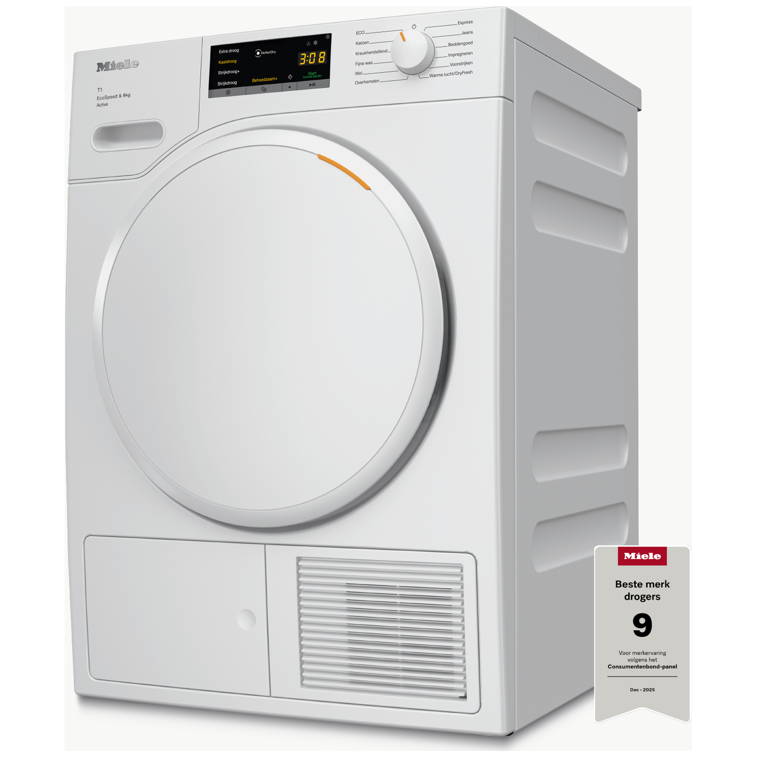Een witte Miele wasdroger met bedieningspaneel en deur. Rechtsboven een keurmerk.