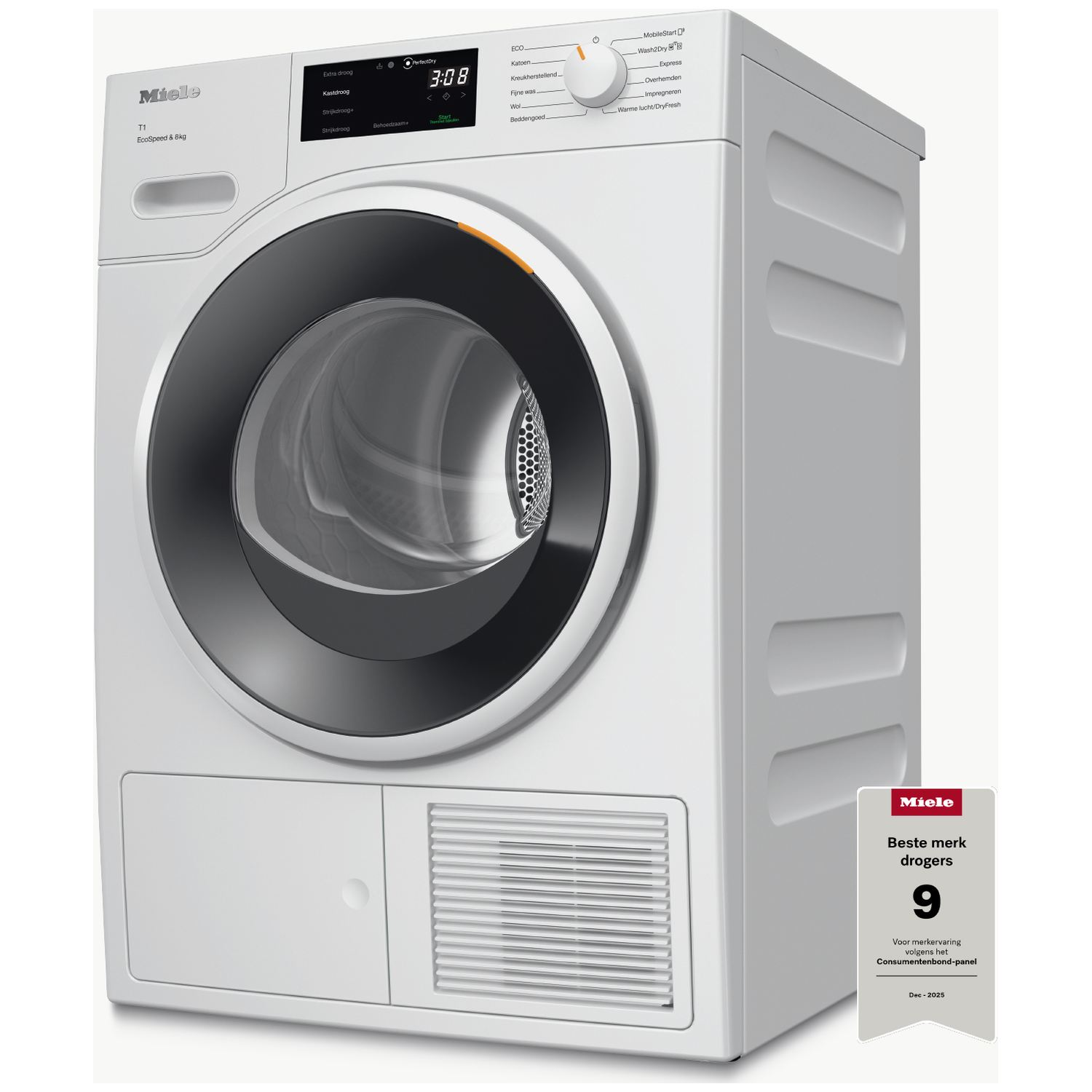 White Miele T1 dryer with digital display and control panel.