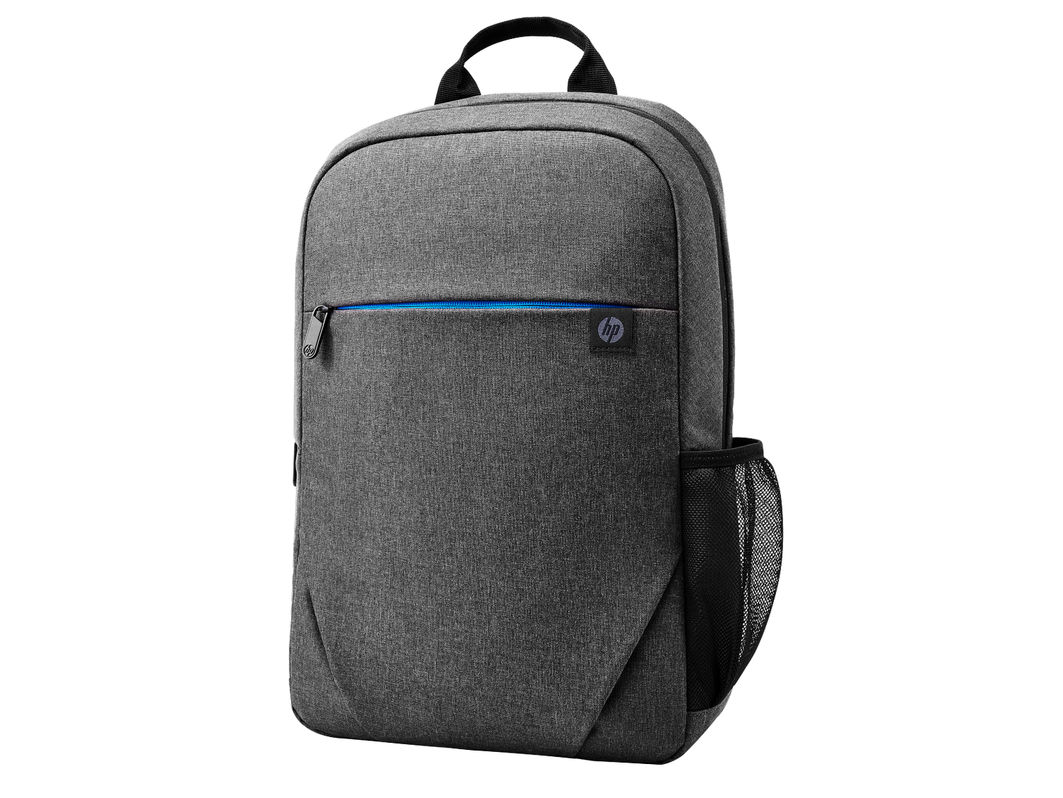 Mochila gris con cremallera azul y logo de HP.
