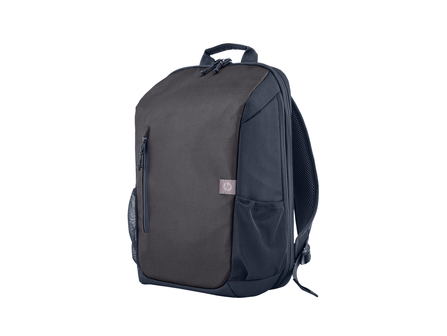 Una mochila gris con un bolsillo frontal con cremallera y un logo de HP.