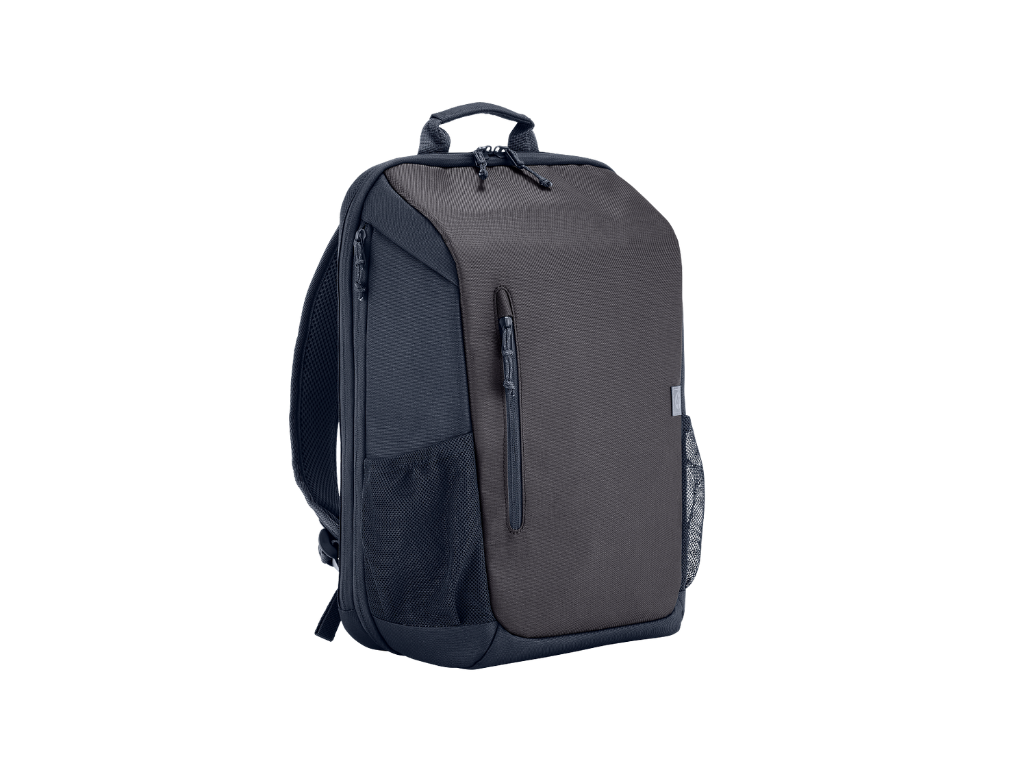 Una mochila gris oscuro y negra con bolsillos con cremallera y bolsillos laterales.