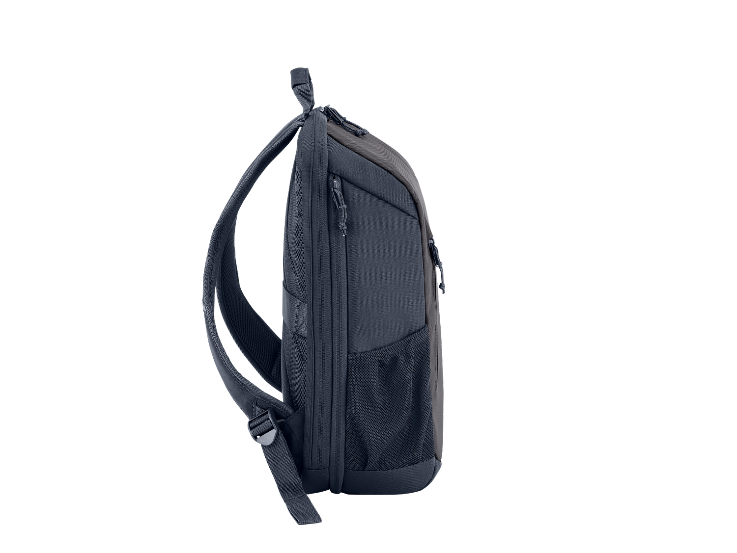 Mochila azul oscuro con un compartimento y cremallera, vista de lado.