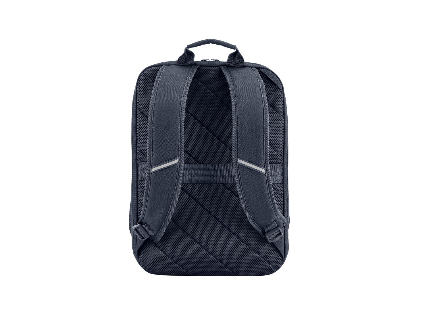 Mochila azul oscuro desde atrás, con correas acolchadas y panel trasero de malla.