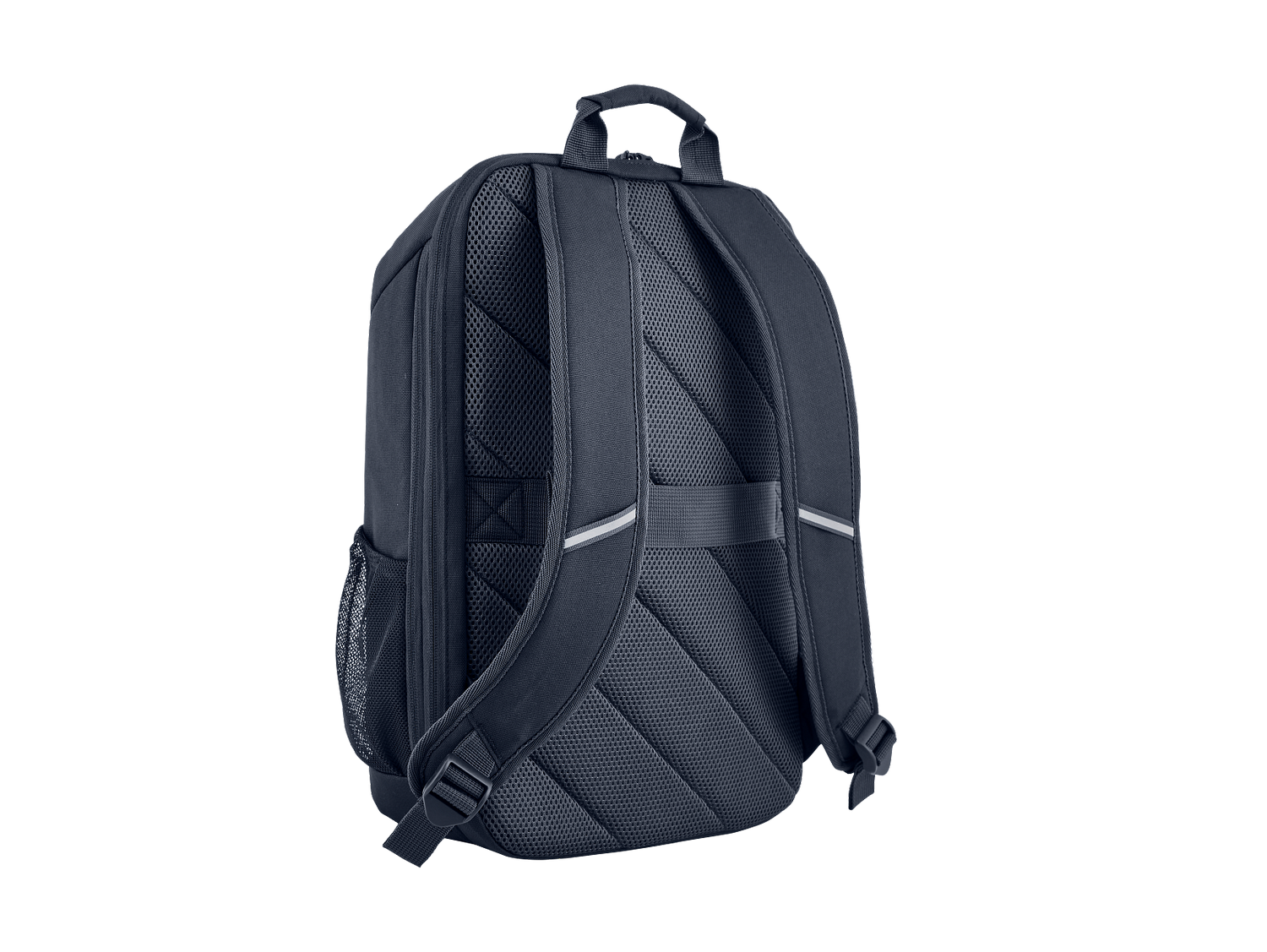 Mochila azul oscuro vista desde atrás, con correas acolchadas y bolsillo lateral de malla.