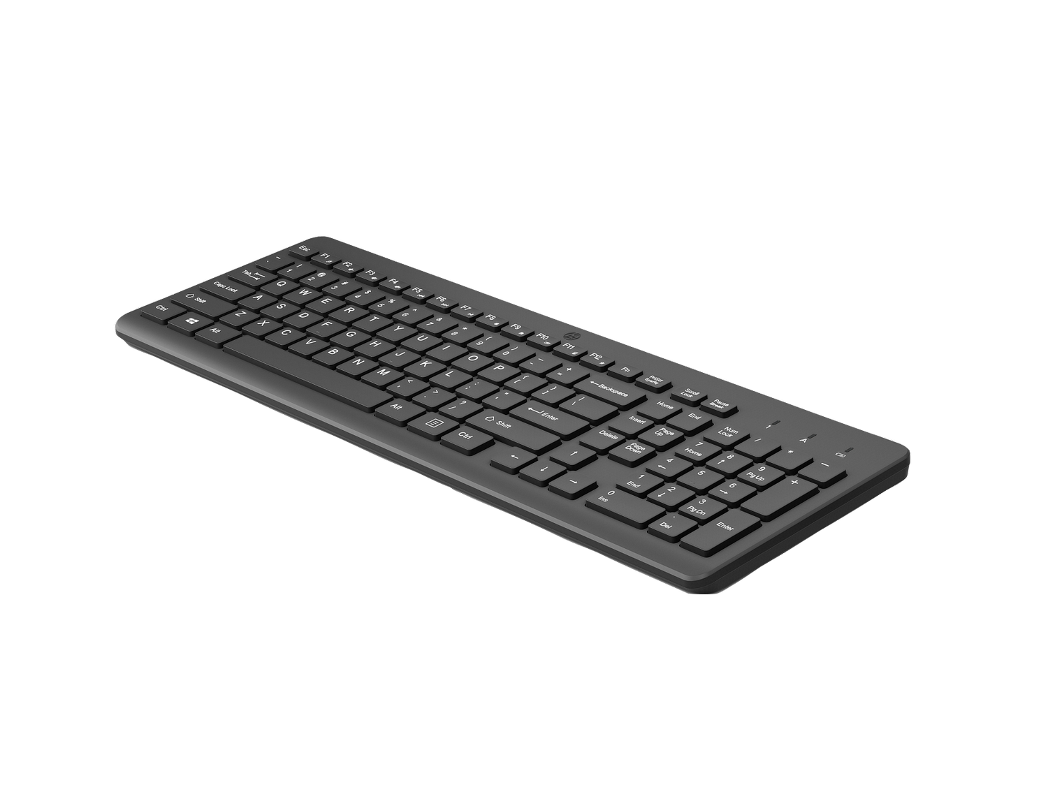 Un teclado inalámbrico oscuro con diseño QWERTY sobre fondo gris.