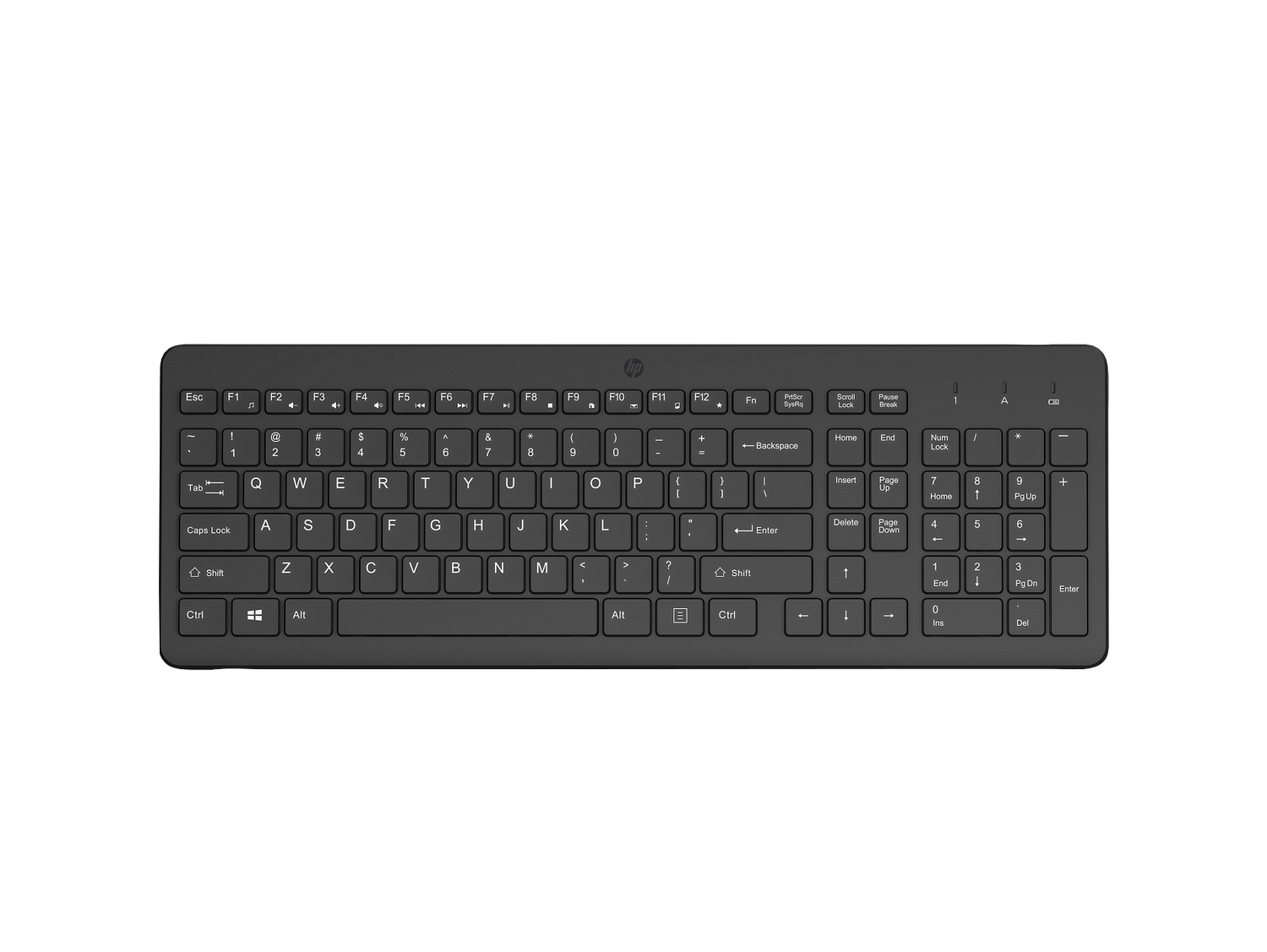 Un teclado HP negro con diseño de teclas estándar y teclado numérico.