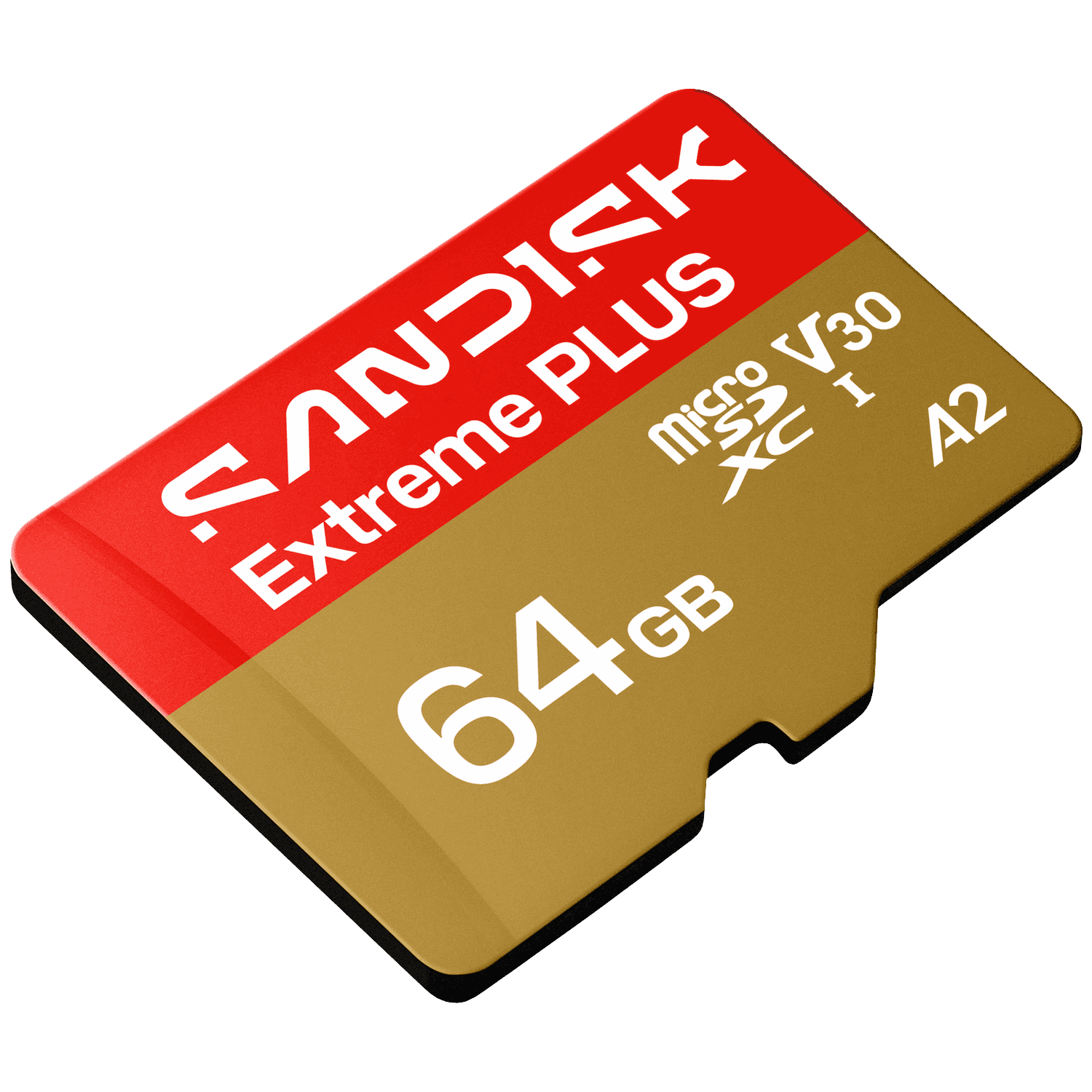 Tarjeta de memoria Sandisk 64GB MicroSDXC UHS-I A2 con parte superior roja.