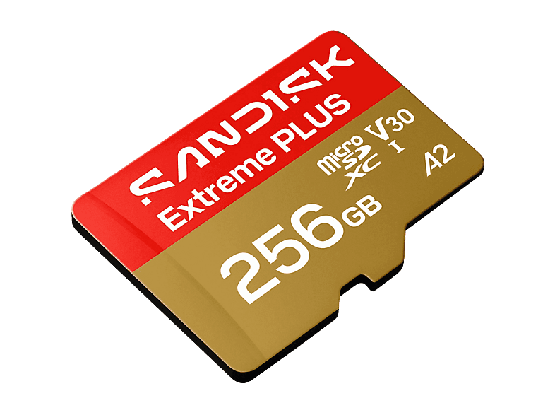 Tarjeta Micro SD – SANDISK Extreme PLUS, 256 GB, Hasta 250 MB/s de lectura, 5K y 4K UHD, V30, A2, U3, UHD-I, Adaptador SD, Oro