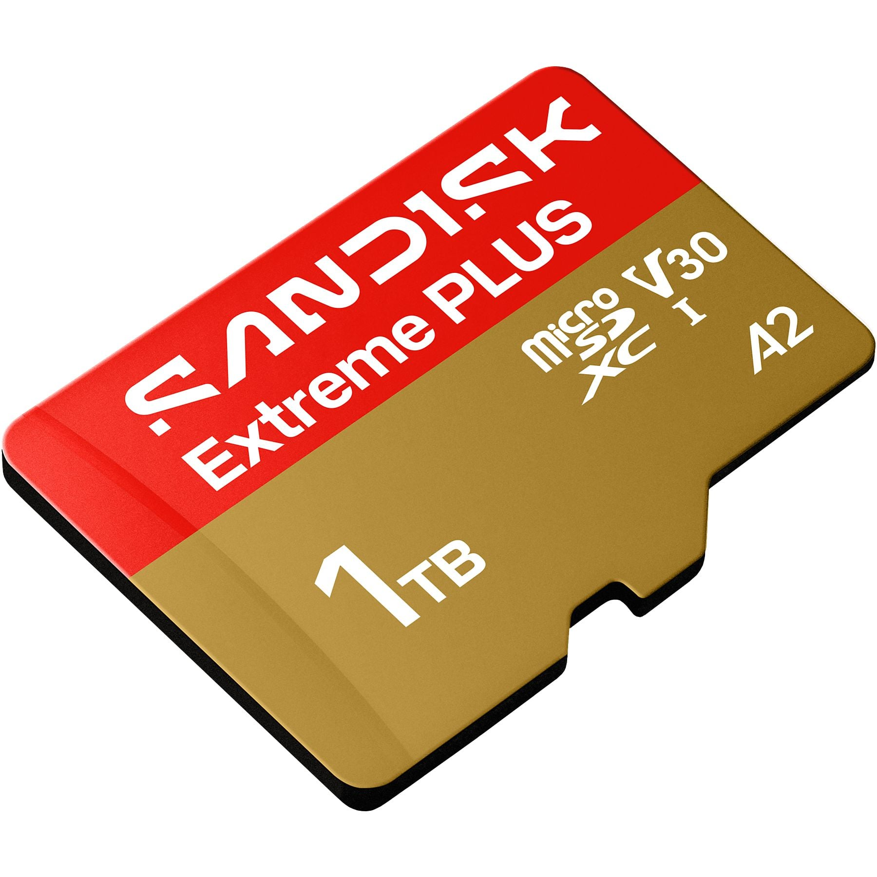Una tarjeta microSD SanDisk Extreme PLUS de 1TB, dorada y roja, con especificaciones V30 y A2.