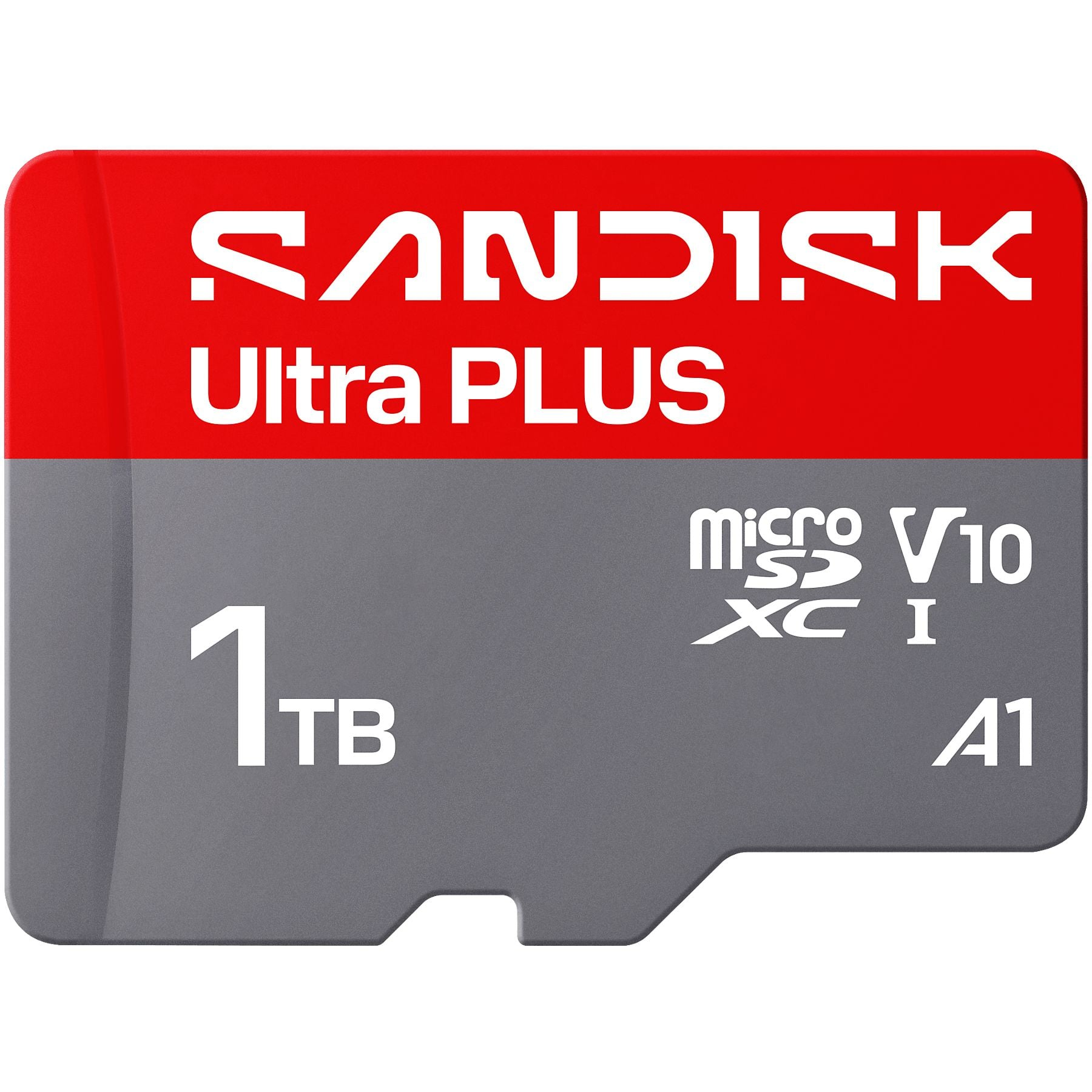 Tarjeta microSDXC SanDisk Ultra PLUS, 1 TB, roja y gris.
