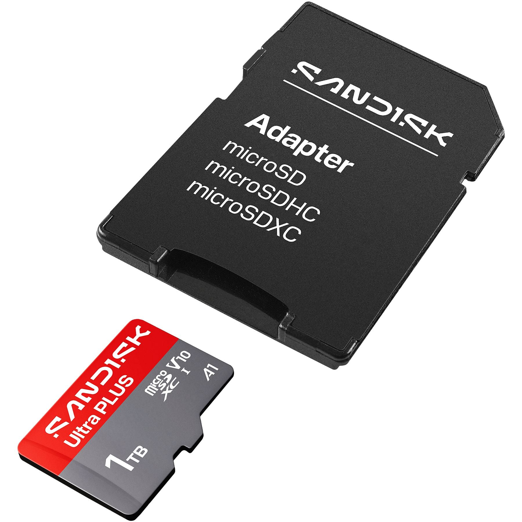 Una tarjeta adaptadora negra y una tarjeta microSD roja/gris de 1 TB.