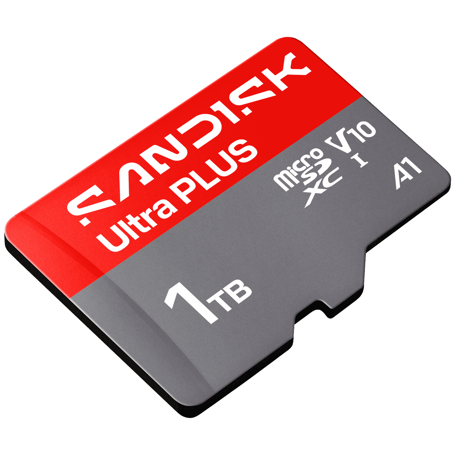 Una tarjeta SanDisk Ultra Plus de 1TB microSDXC con clasificación V10 y A1.