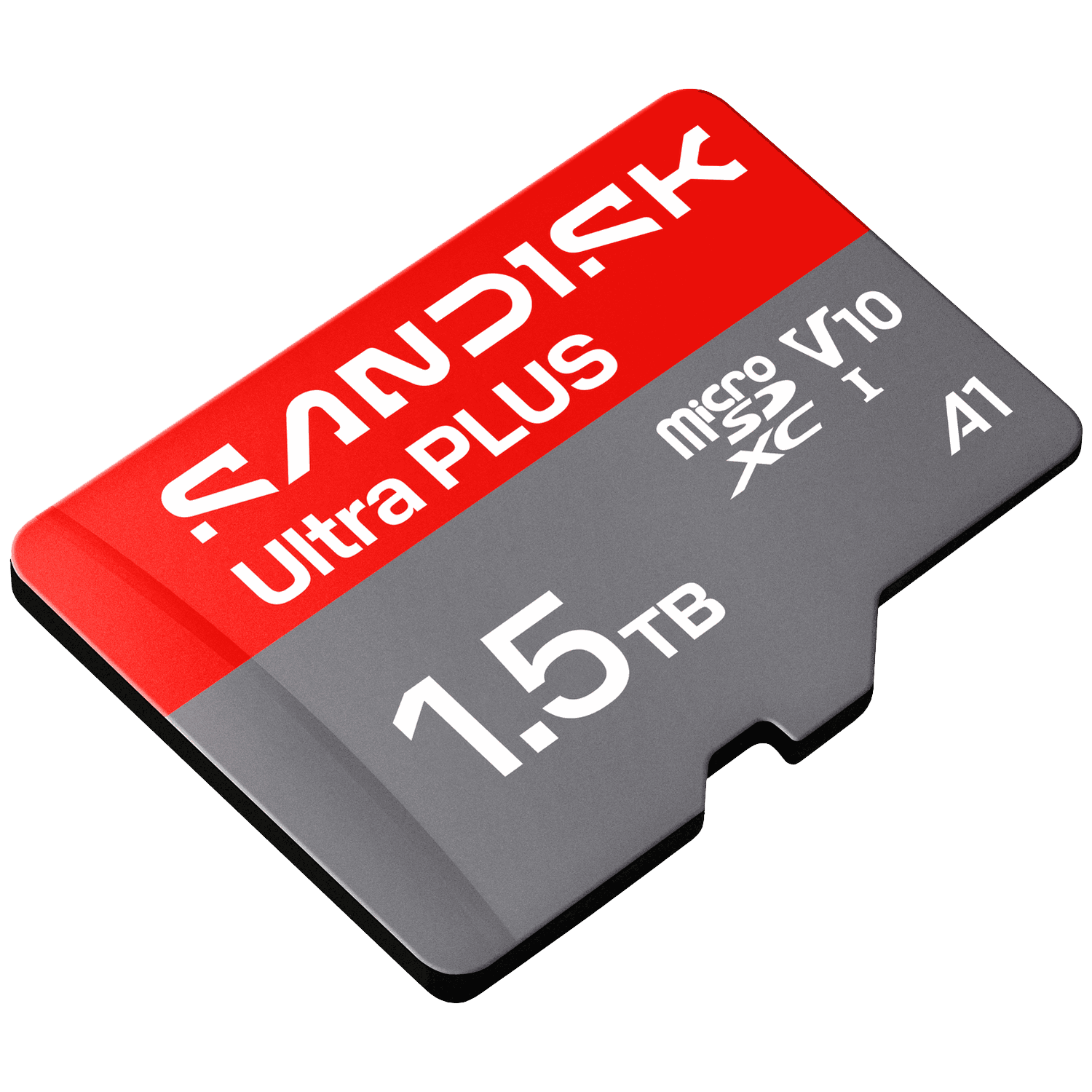 Una tarjeta microSD SanDisk de 1,5 TB en rojo y gris con marcas V10 y A1.