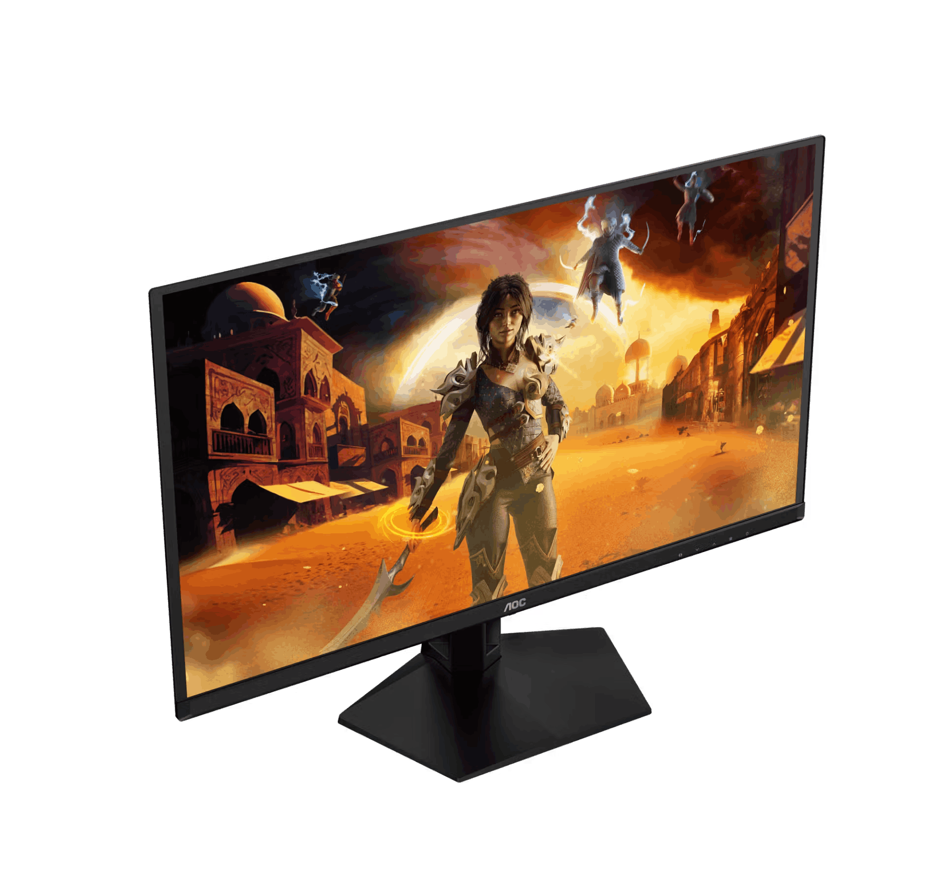 Un monitor muestra un juego de fantasía con guerreros y edificios desérticos.