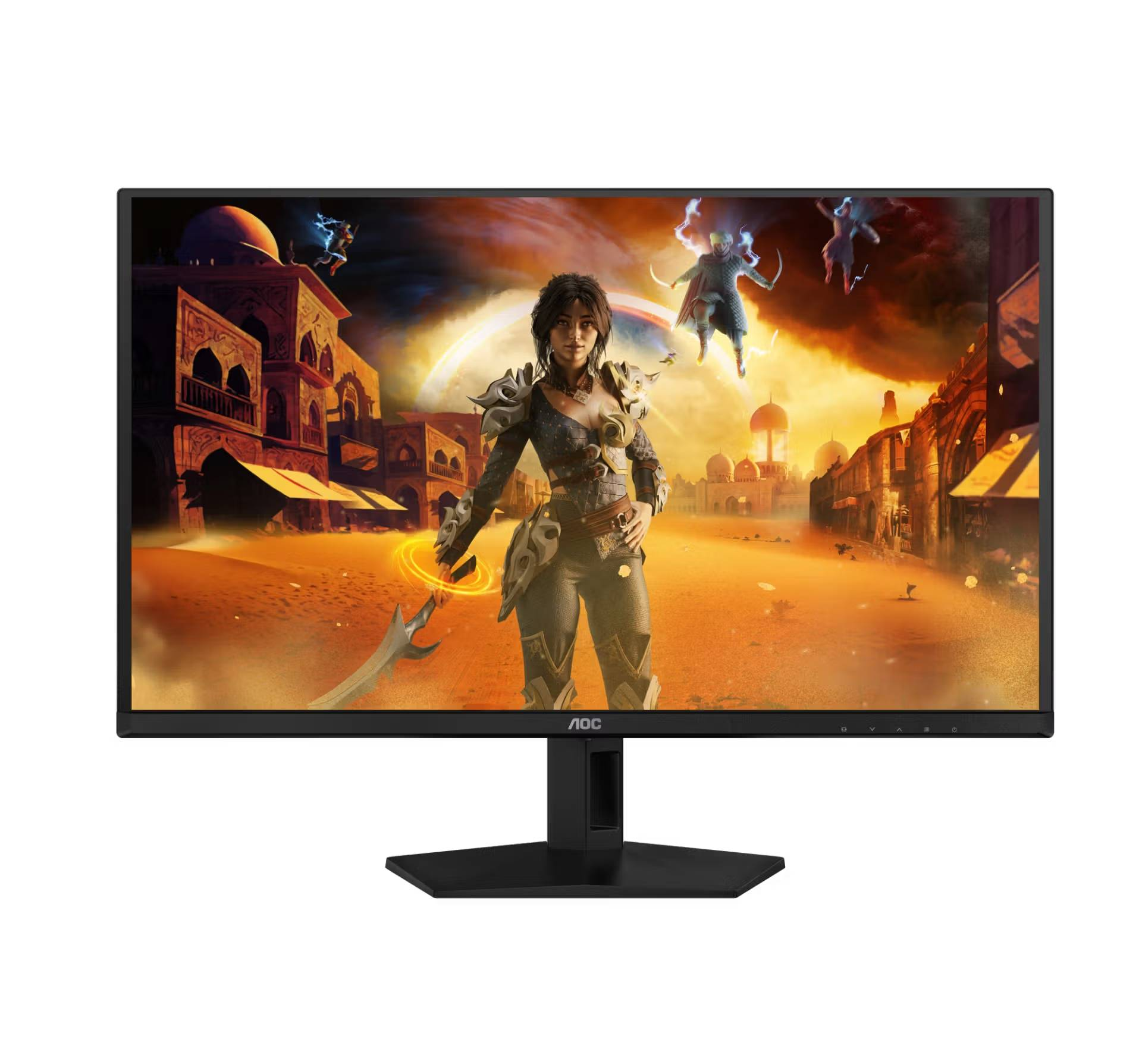 Un monitor muestra un juego de fantasía con guerreros y arquitectura árabe en un desierto.