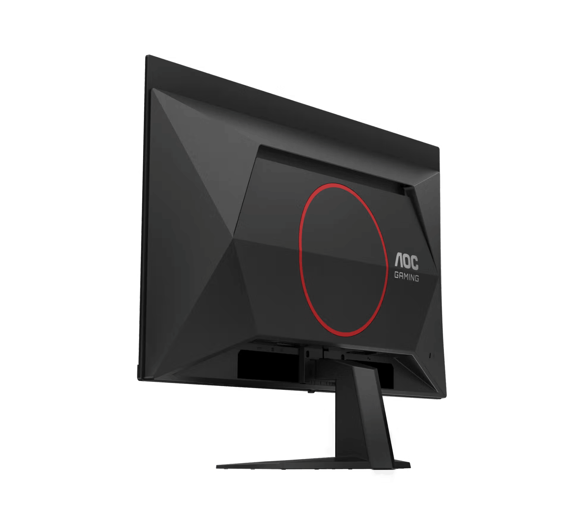 Parte trasera de un monitor gaming AOC negro con diseño circular rojo.