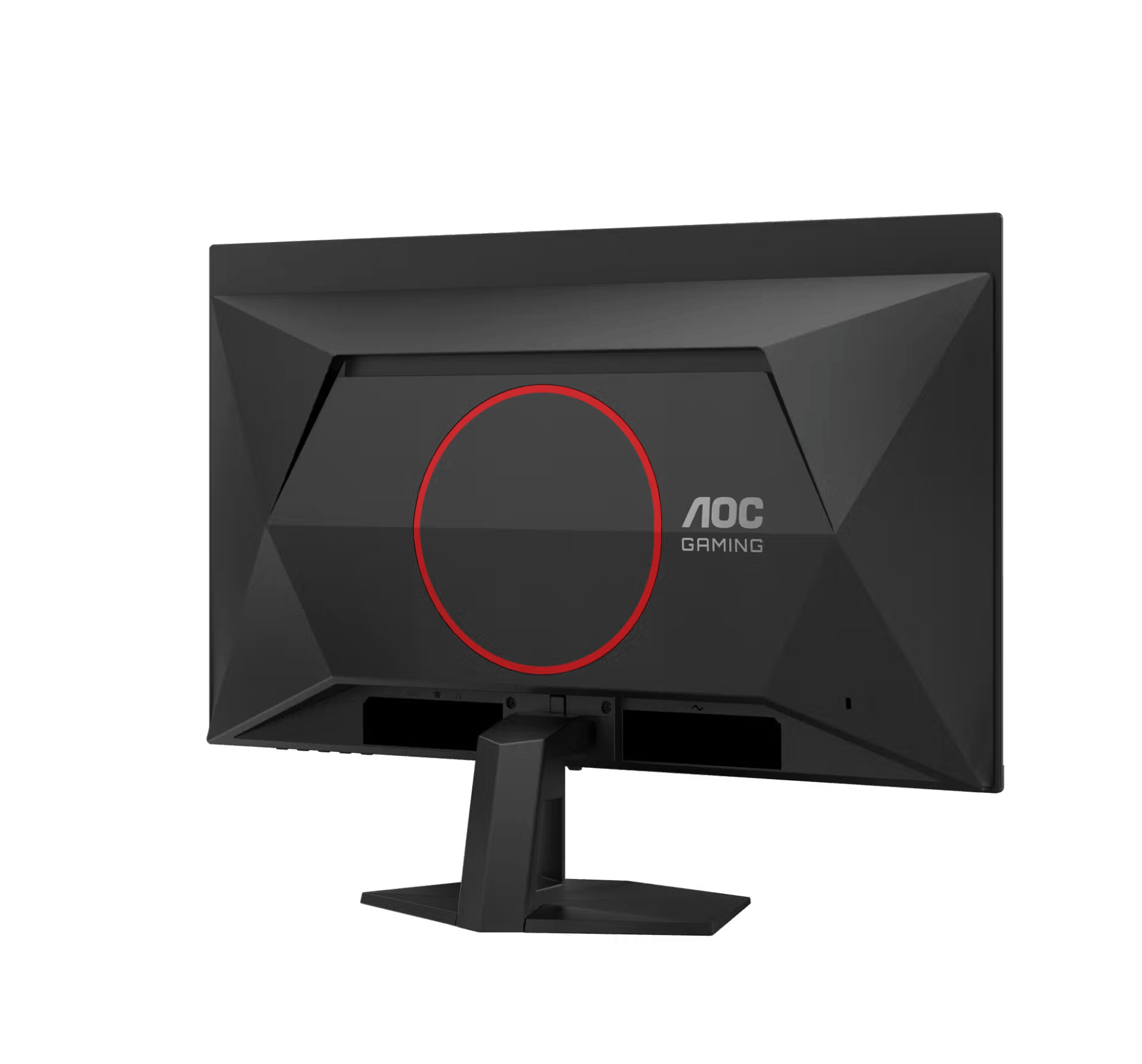 Parte trasera de un monitor AOC Gaming negro con círculo rojo y base.