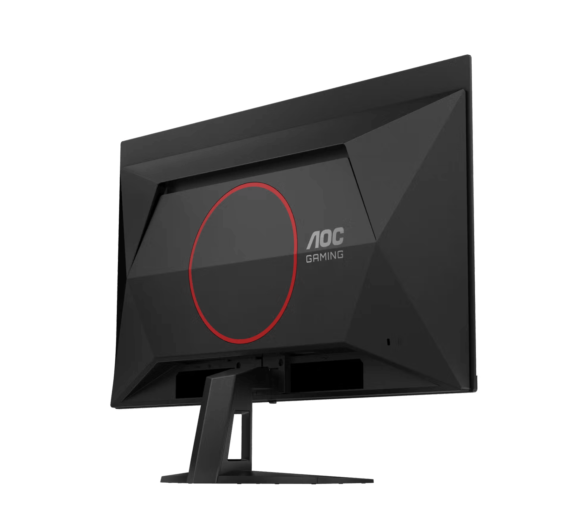 Parte trasera de un monitor AOC Gaming negro con círculo rojo y logo.