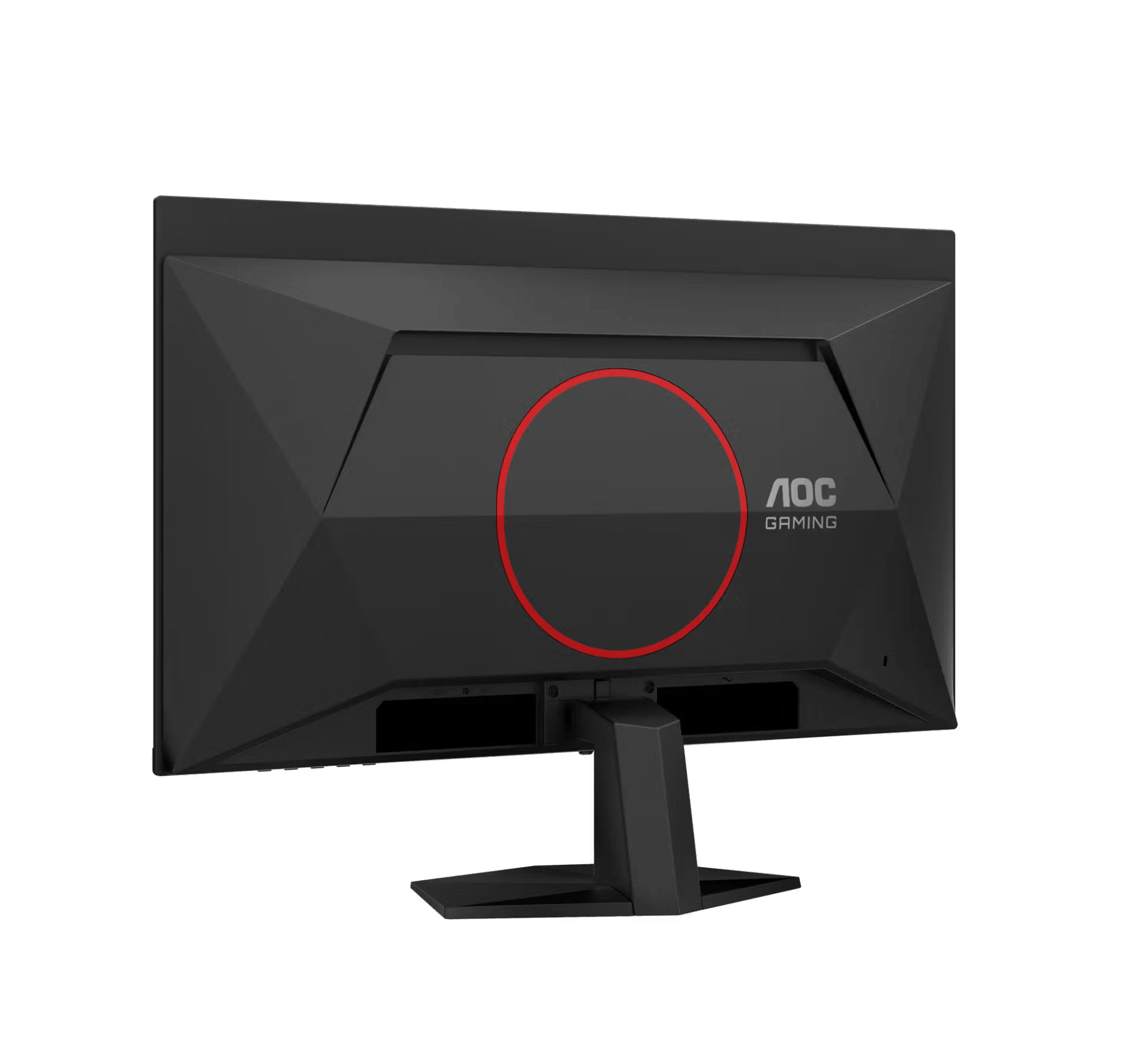 Parte trasera de un monitor AOC Gaming negro con logo circular rojo.