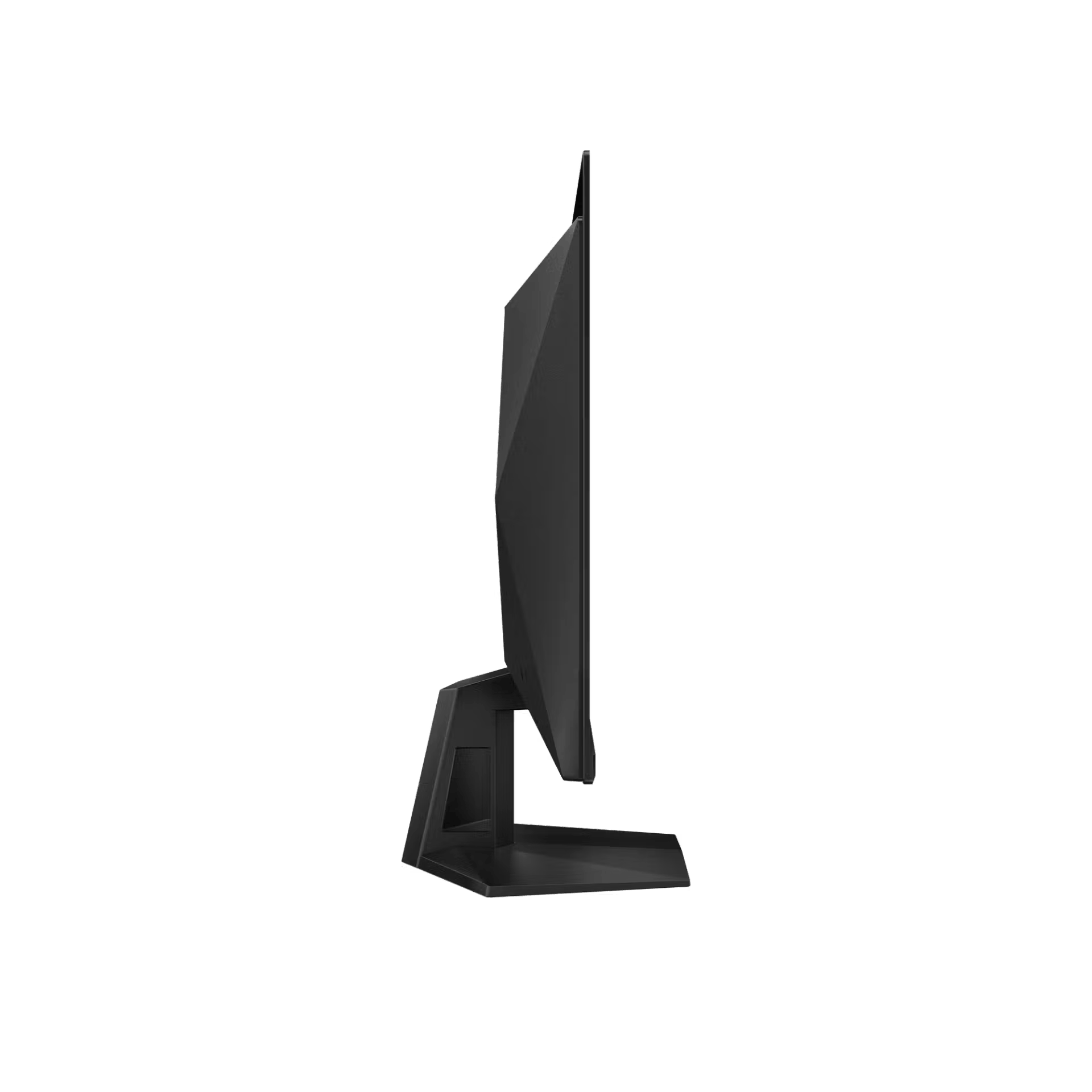 Monitor negro visto de lado en perfil con su soporte.