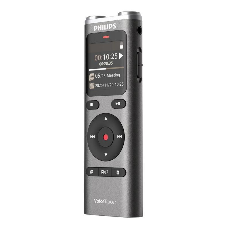 Un grabador Philips VoiceTracer gris con pantalla y botones negros.