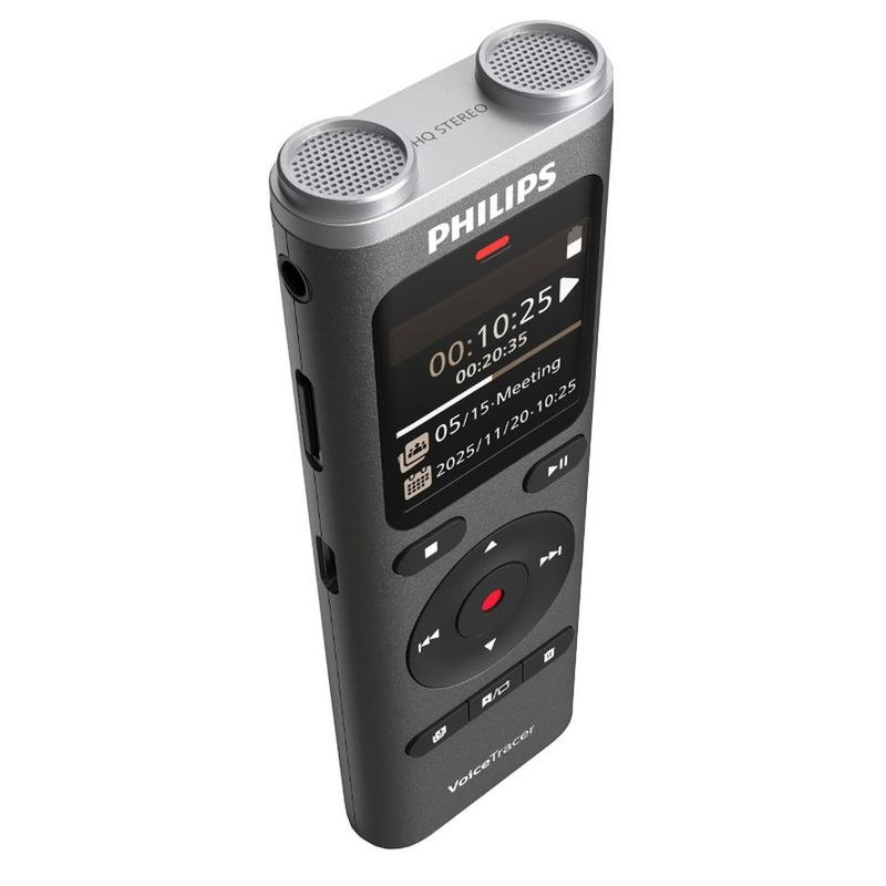Un grabador de voz digital Philips VoiceTracer gris con dos micrófonos y pantalla.
