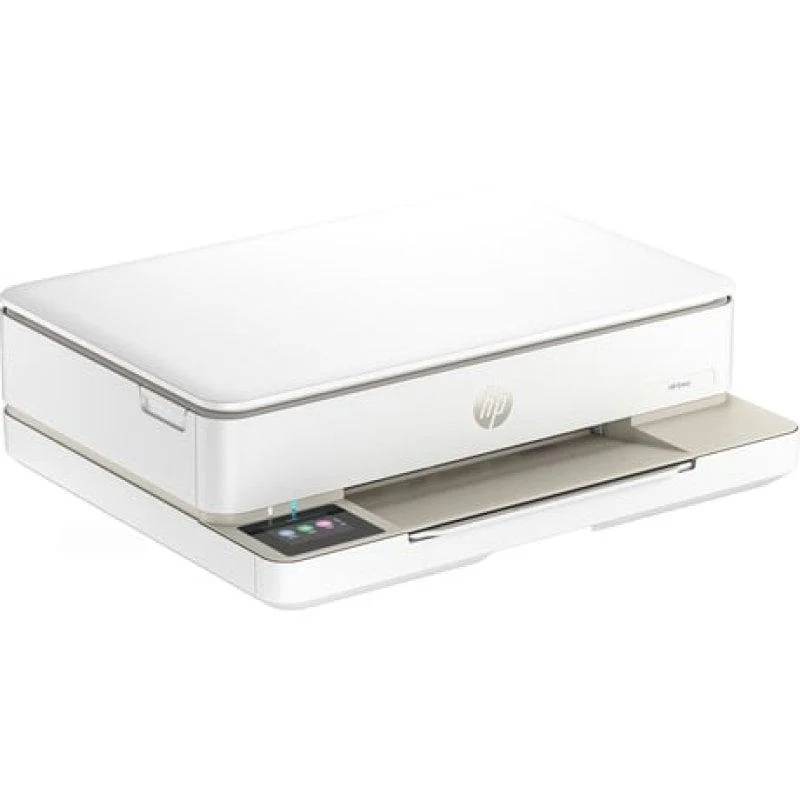 Una impresora HP blanca con pantalla táctil y bandeja extensible.