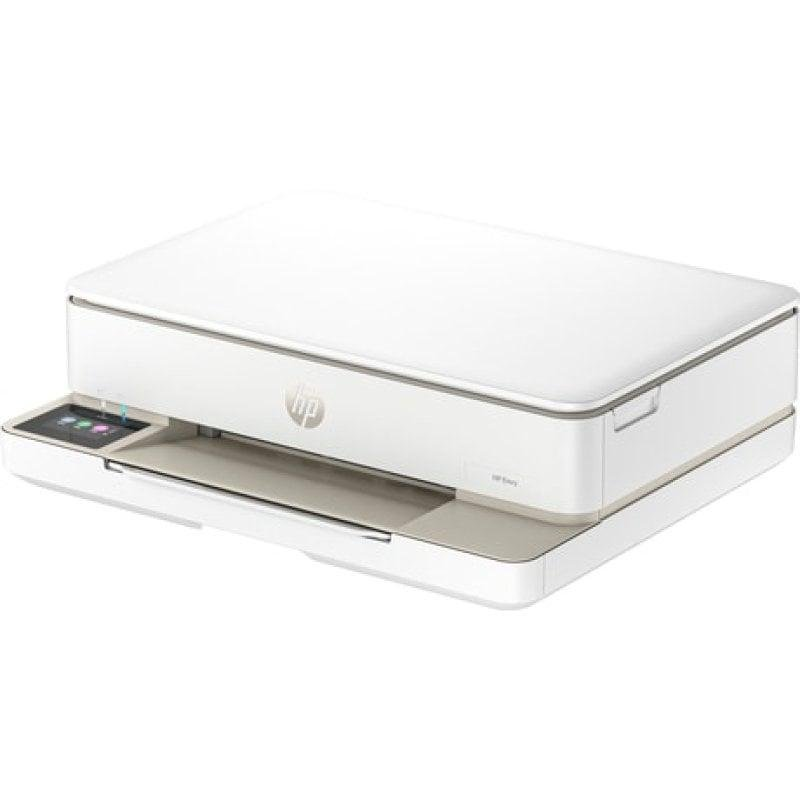 Una impresora HP blanca con pantalla táctil al frente.