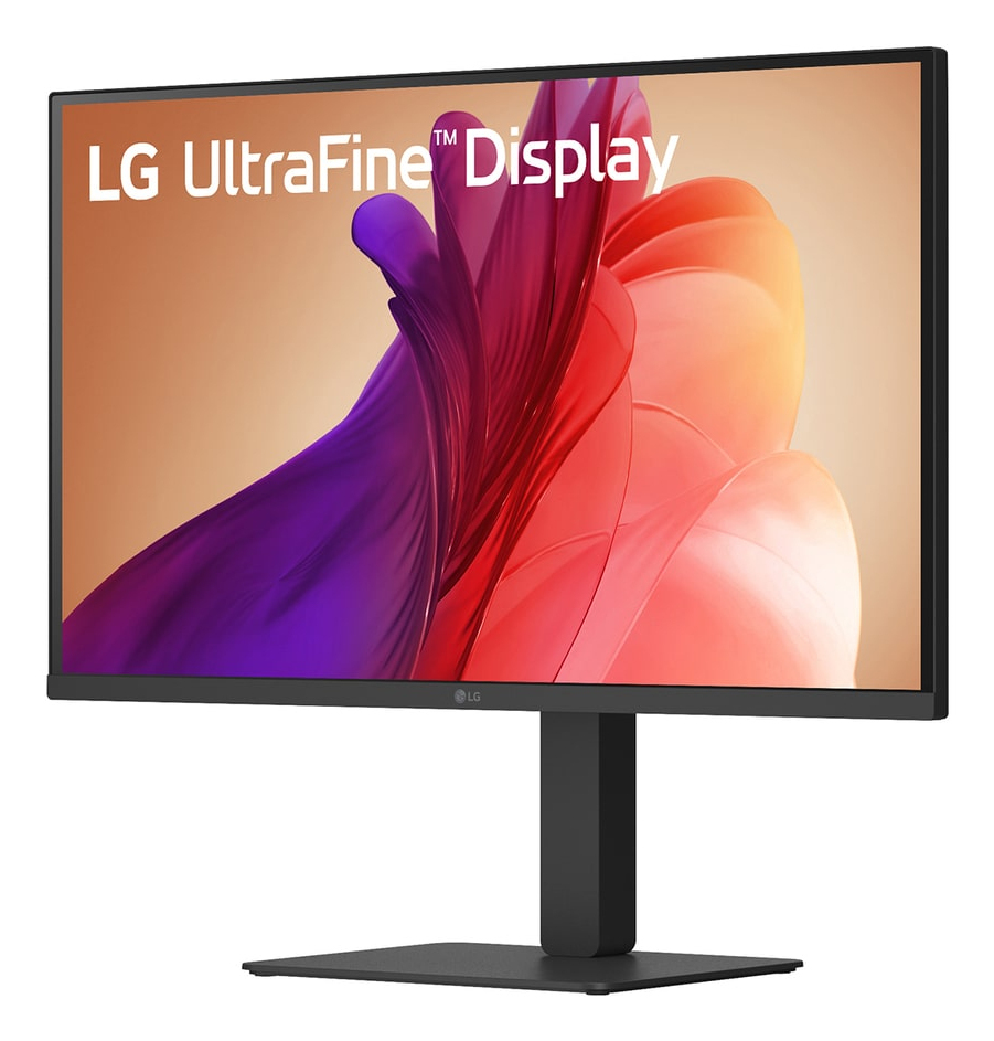 Un monitor LG UltraFine que muestra un patrón abstracto morado y rojo en pantalla.