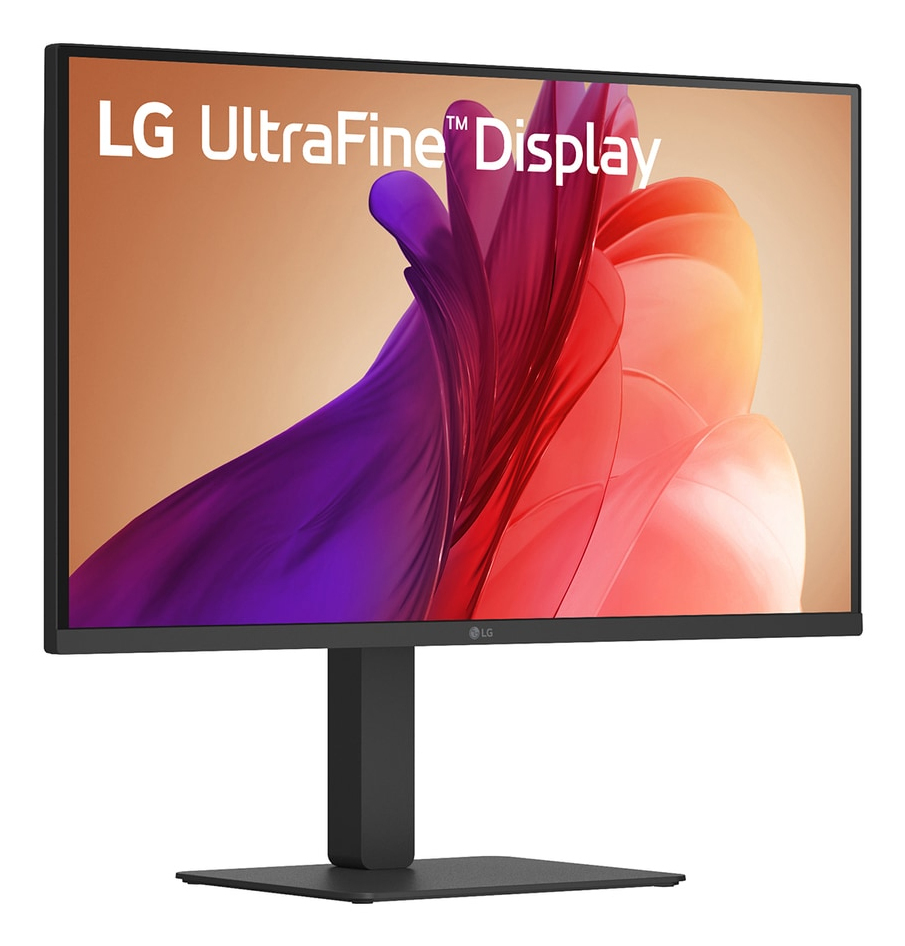 Un monitor LG UltraFine con un patrón abstracto y fluido en púrpura y rojo.