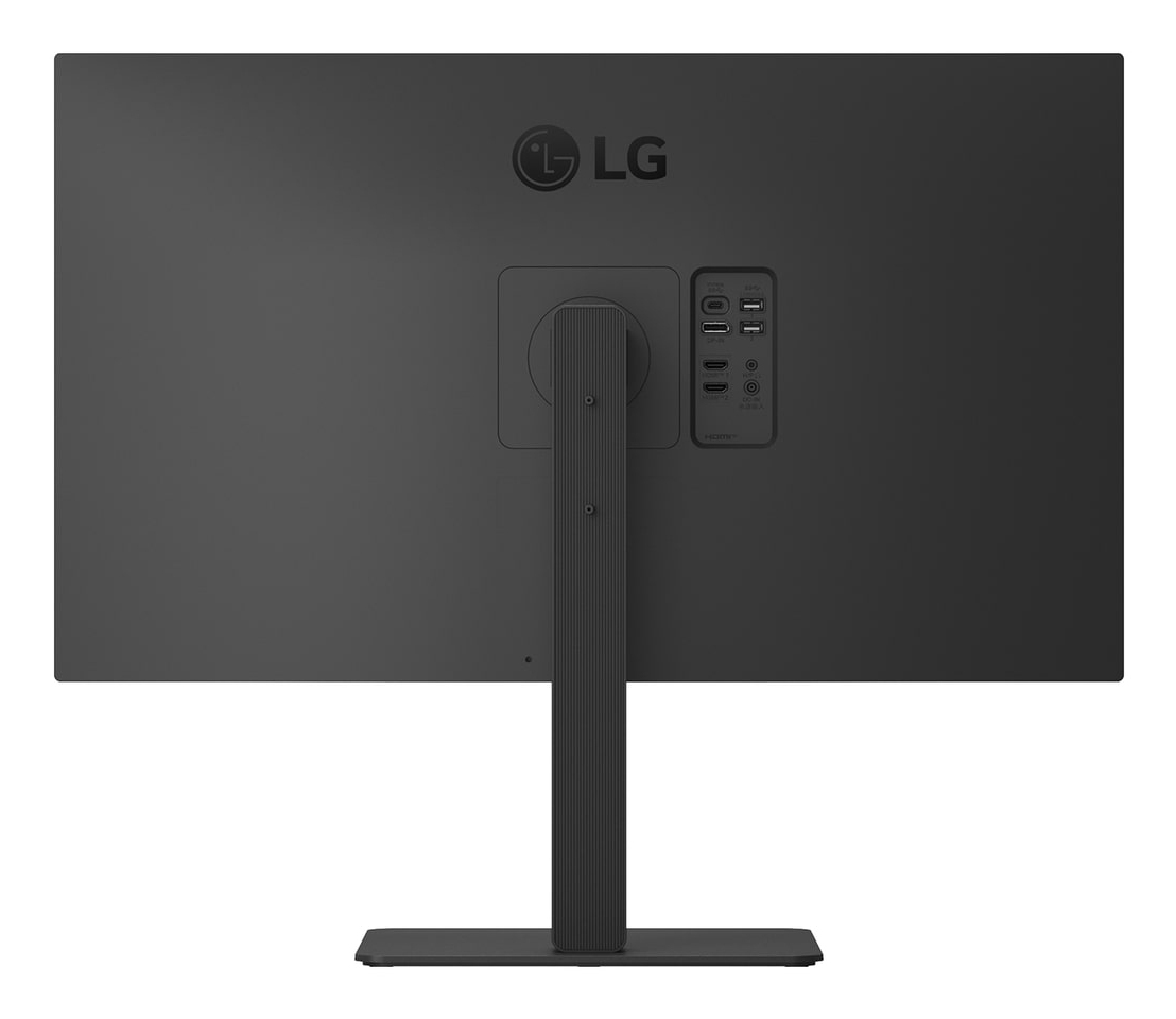 Vista trasera de un monitor LG negro con soporte y puertos.