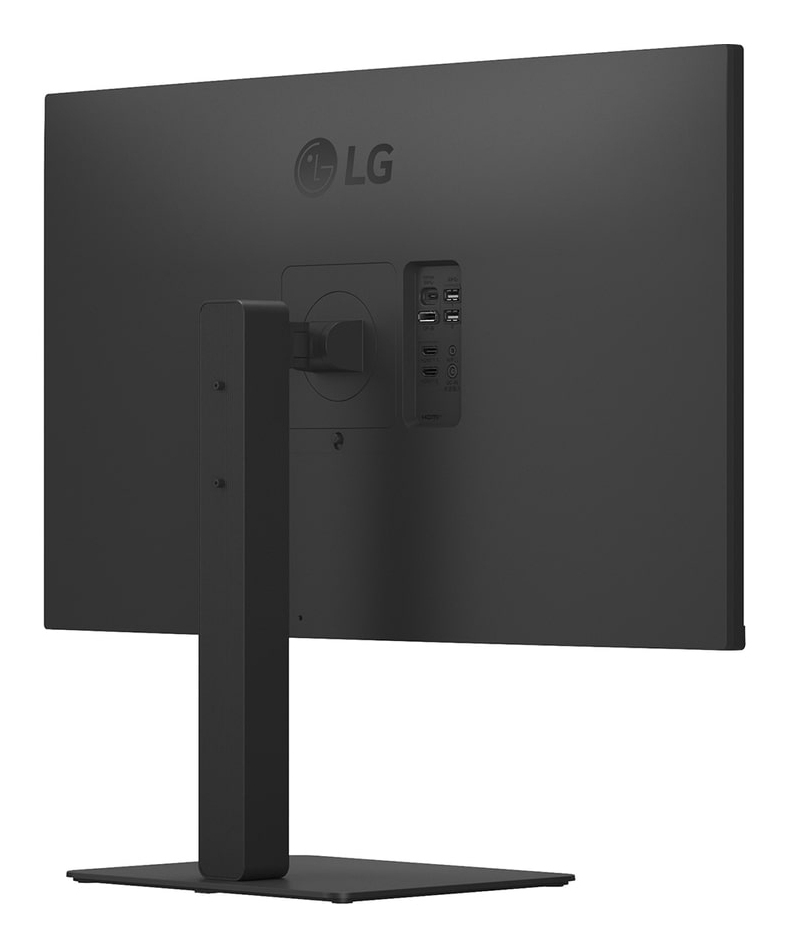 Vista trasera de un monitor LG negro con puertos y soporte. Diseño minimalista.