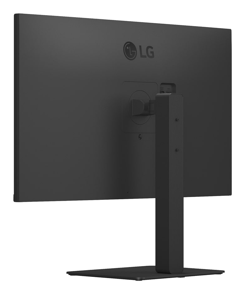 La parte trasera de un monitor LG negro con soporte plateado y puertos.