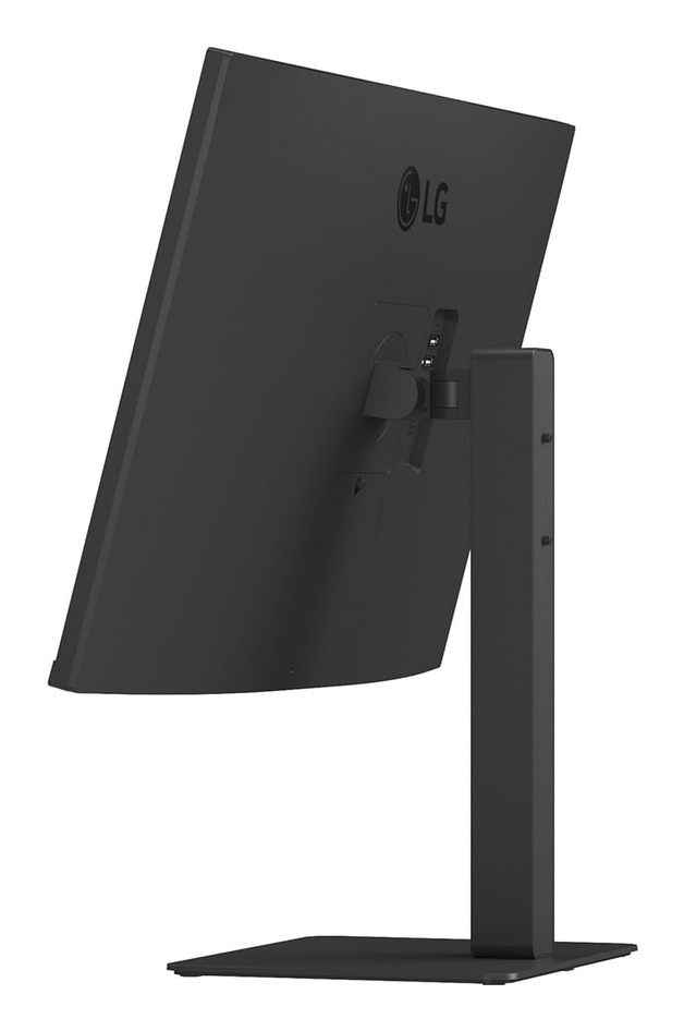 Vista trasera de un monitor LG negro con soporte y puertos.