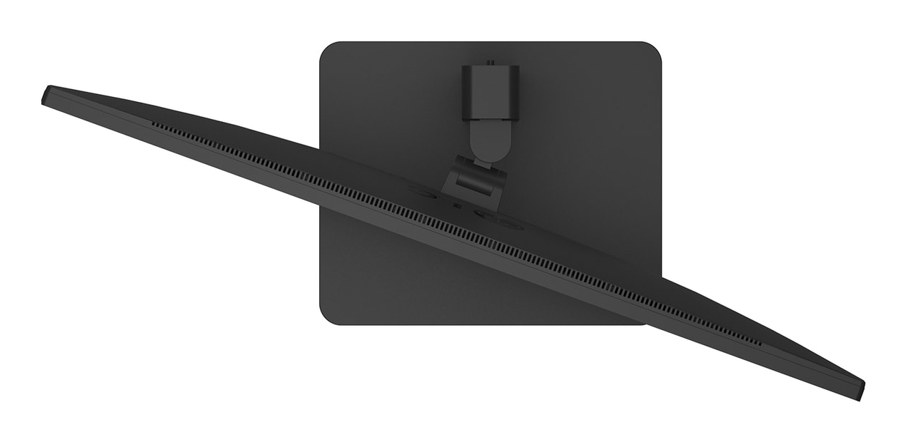 Un monitor de computadora negro está inclinado hacia arriba sobre un fondo blanco.