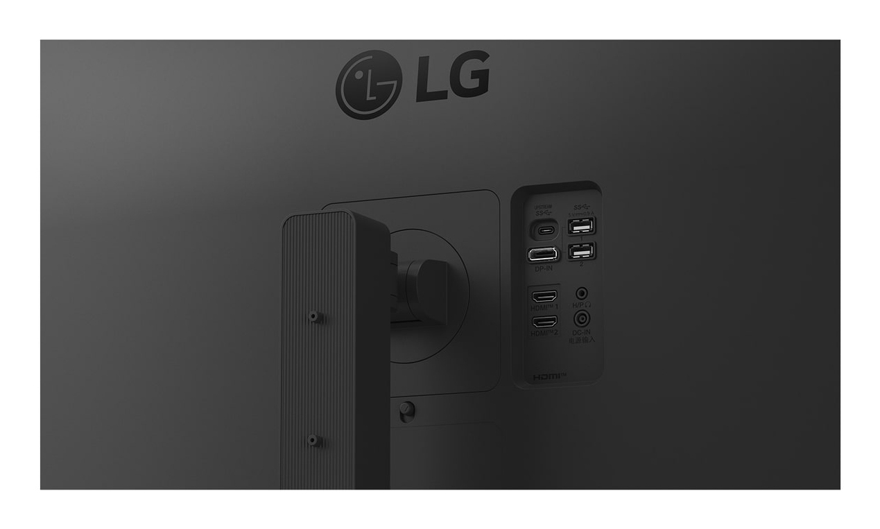 Parte trasera de un monitor negro con logo LG y puertos: USB-C, USB-A, DP-IN, HDMI 1, HDMI 2, DC-IN.