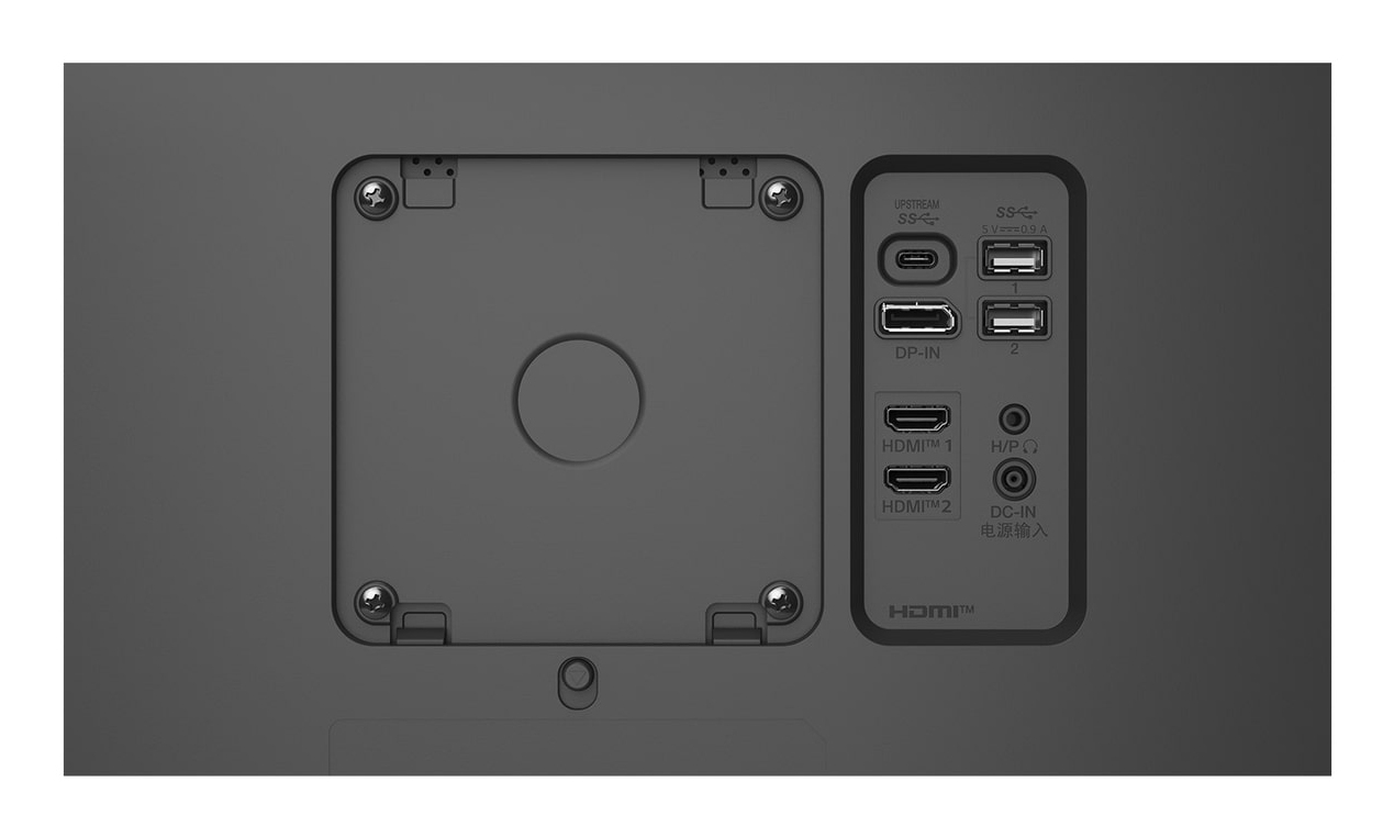 Parte trasera del monitor con puertos: USB-C, 2x USB-A, DisplayPort, 2x HDMI, H/P, DC-IN.