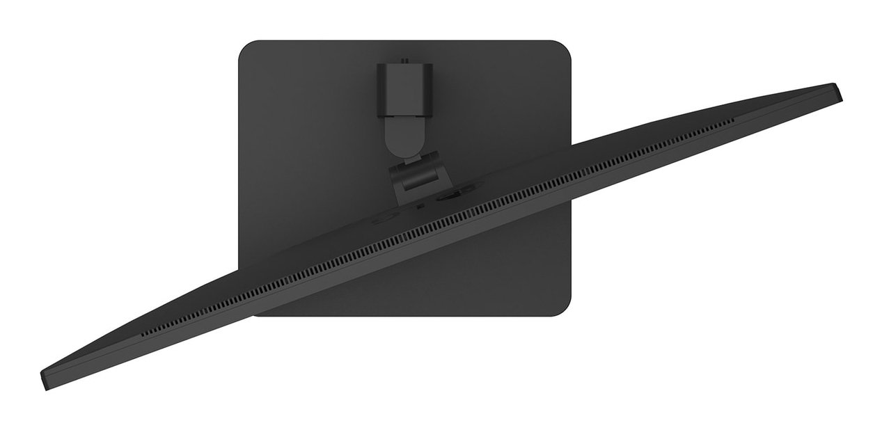 Monitor negro de perfil con soporte ajustable sobre fondo blanco.