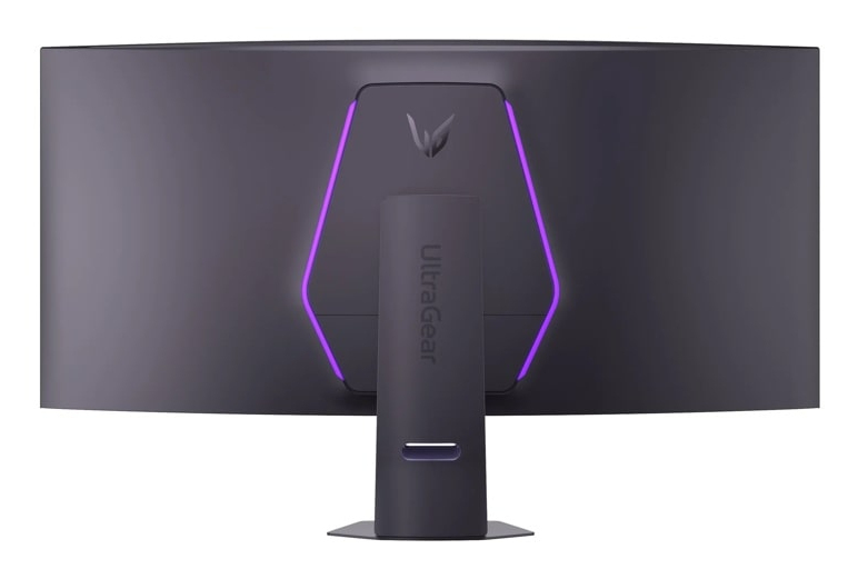 Parte trasera de un monitor oscuro con luces moradas de acento y el logo de LG.